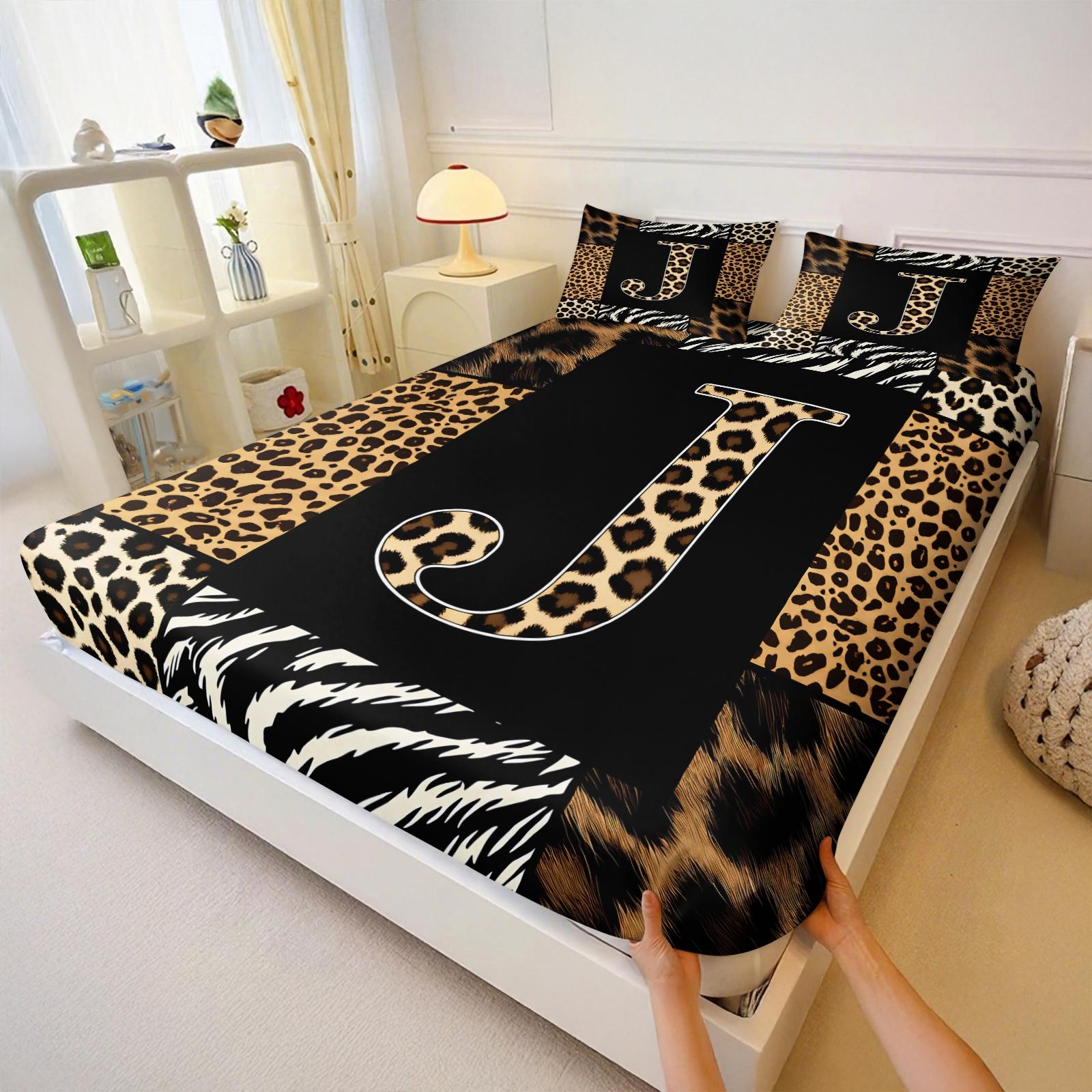 3Pcs Trendy Wild Leopard Zebra Patchwork Letter A-Z Fitted Sheet Set No Fillers, Animal Print Bed Sheet Set, Stylish Modern Bedding Set with Pillowcases, Deep Pocket Bedding for Women Girls Bedroom Decor