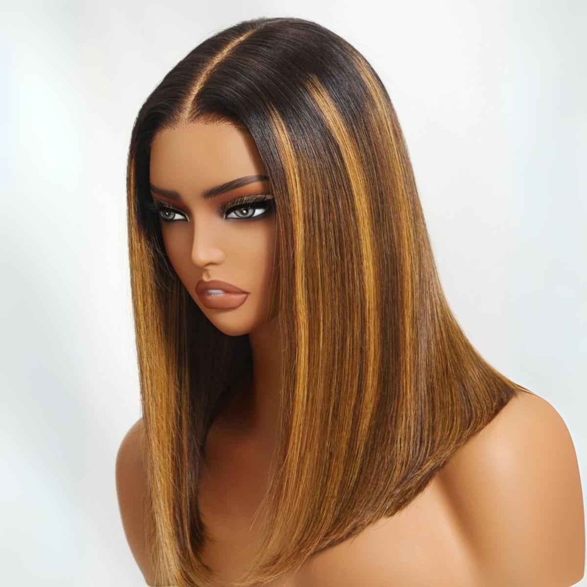 Sunber Brown With Blonde Piano Highlights 7X5 Short Bob Wig with Dark Root Straight Shoulder length Glueless Human Hair Wigs