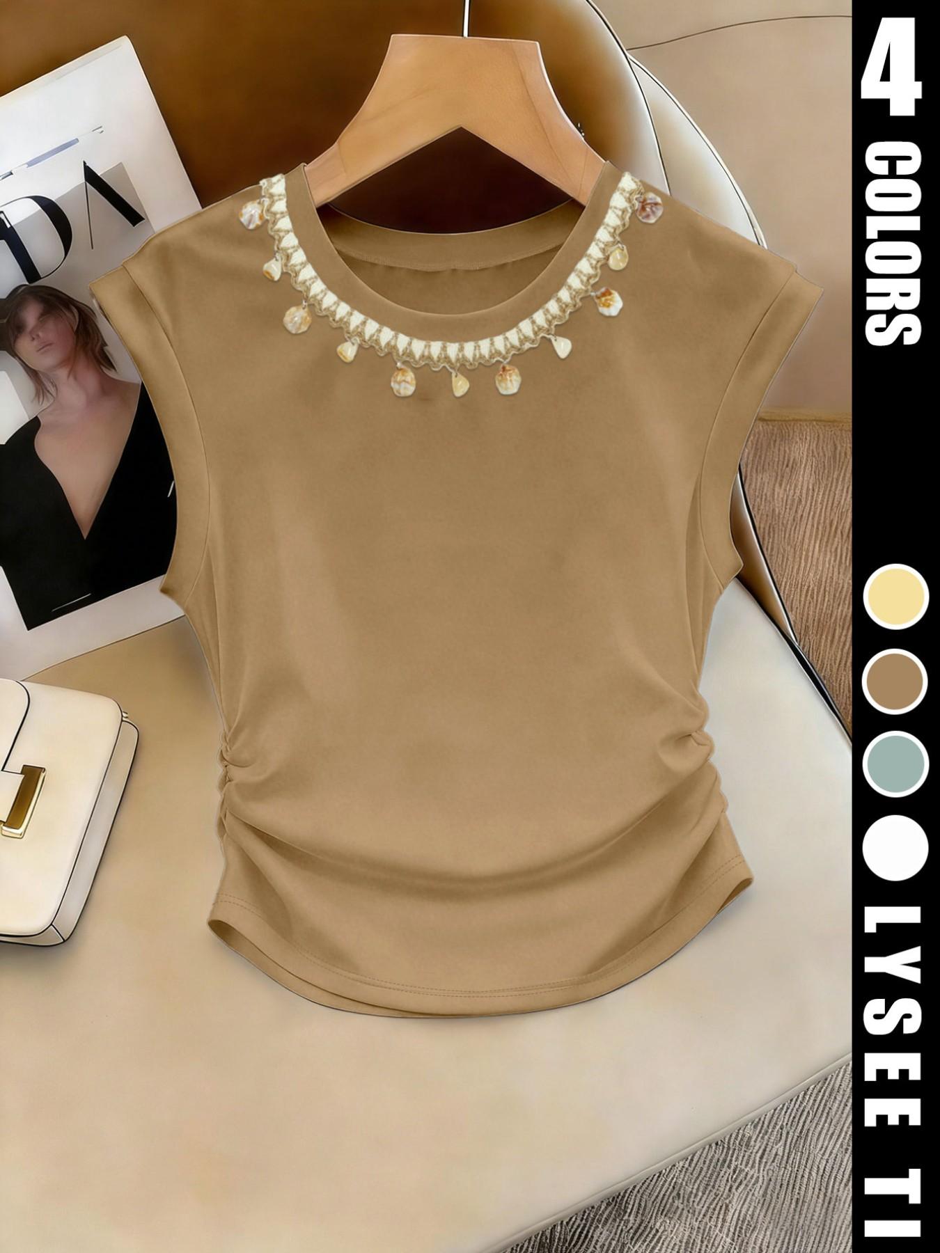 Women's top vest, white shell woven collar, casual and elegant vest