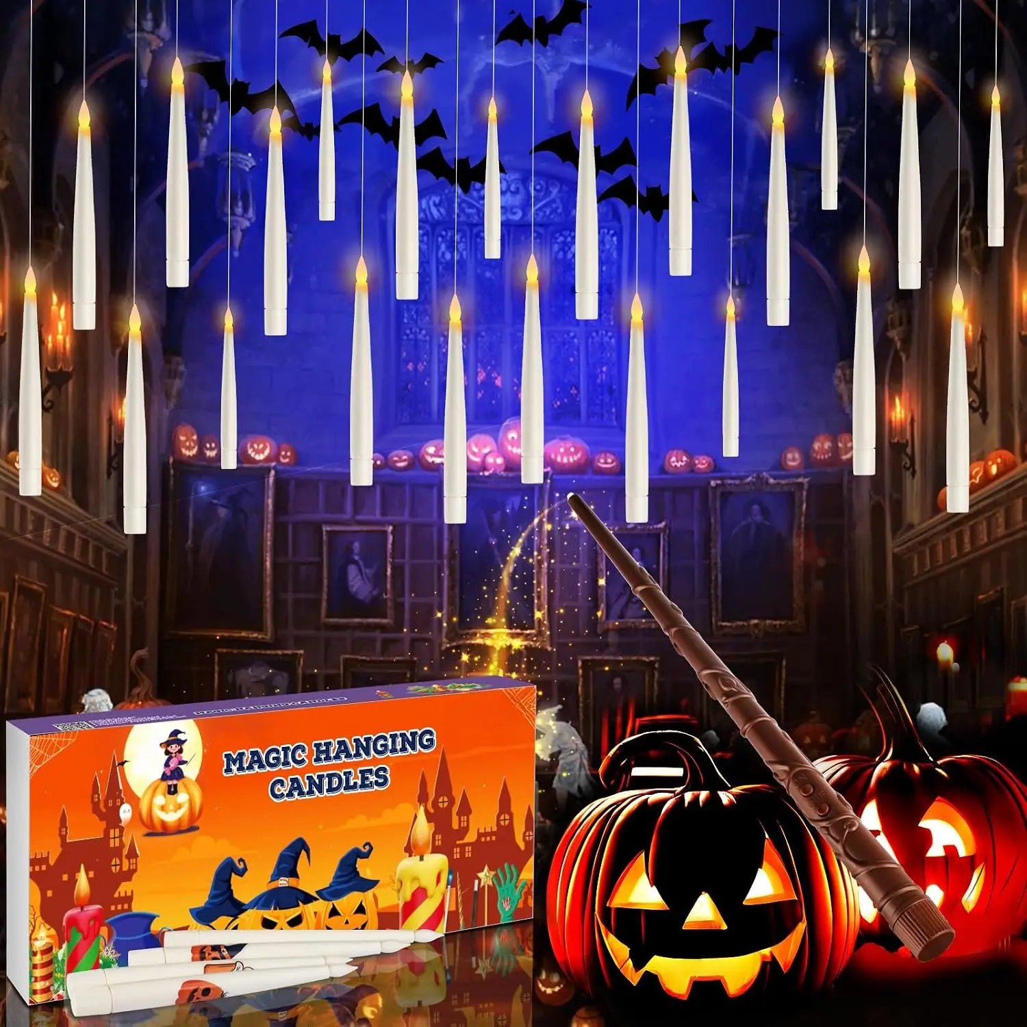 Floating Candles with Wand Remote, 20 count Magic Halloween  Candles | Flickering Warmer Light Flameless LED Candles with DIY Sticker, AAA  Operated, Halloween Decorations Gifts