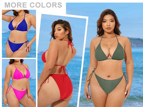 Tempt Me Women Plus Size Triangle Bikini String Two Piece Halter Tie Side Swimsuit Mid Waisted Bikini Sets for Women Plus Size Bathing Suit