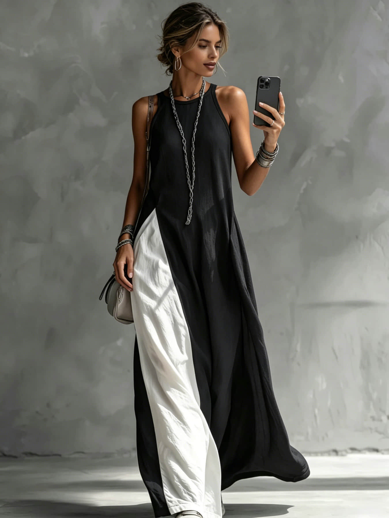 A women's color-blocking dress, Casual Beach Dress, Beach Resort Wear, with sleeveless vest, draping and flesh-concealing long skirt, suitable for summer, beach vacation, exploring shops, attending exhibitions, dating, and enjoying afternoon tea