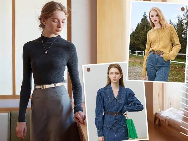 JASGOOD Reversible Leather Belt for Women with Gold Buckle Ladies Leather Belt for Jeans Pants