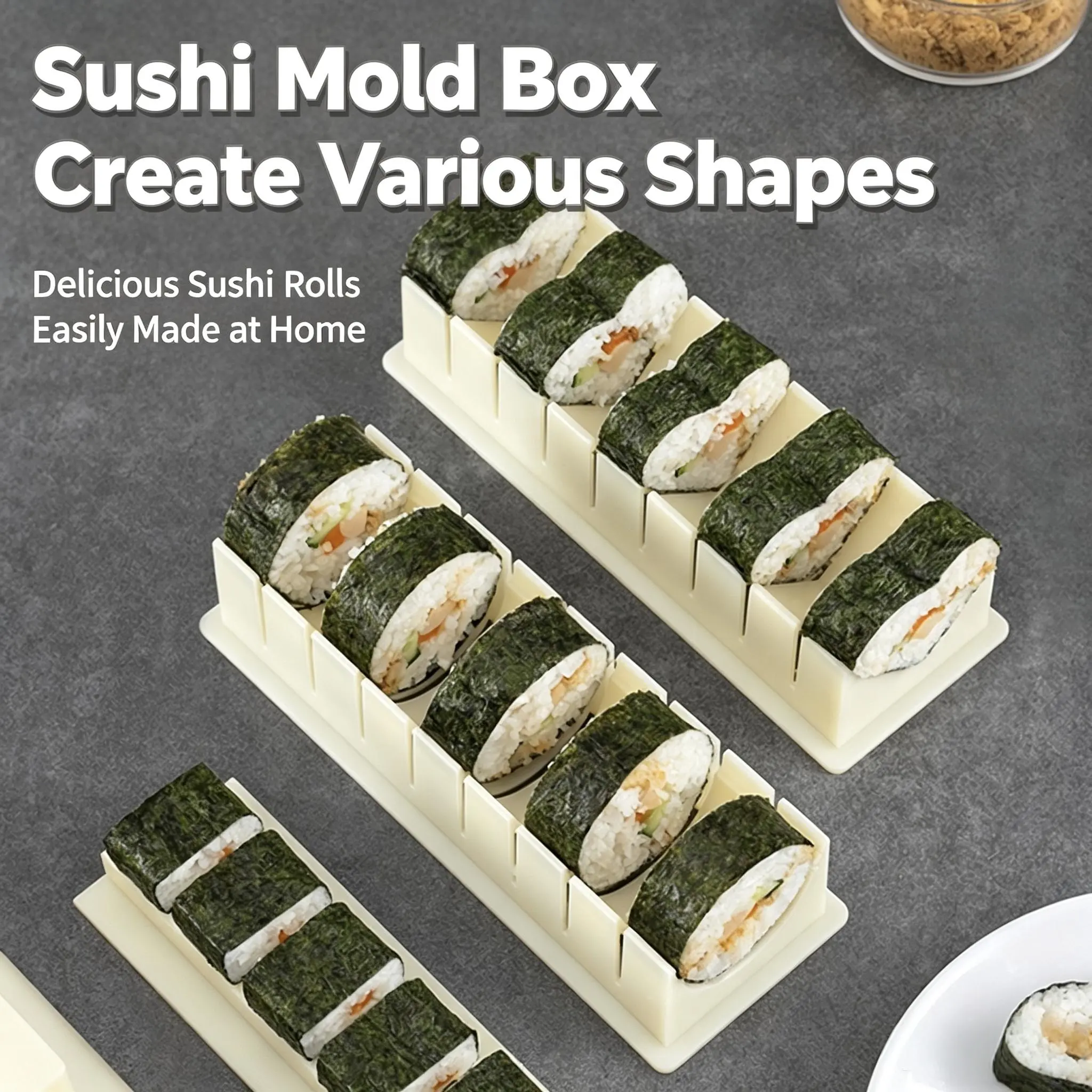 DIY Sushi Maker Mold Set, HIPS Non-Stick Sushi Rolling Tool with Cutting Groove, One Press Forming Sushi Making Kit for Home Kitchen Beginners, Easy to Clean Homemade  Rice Roll Mold