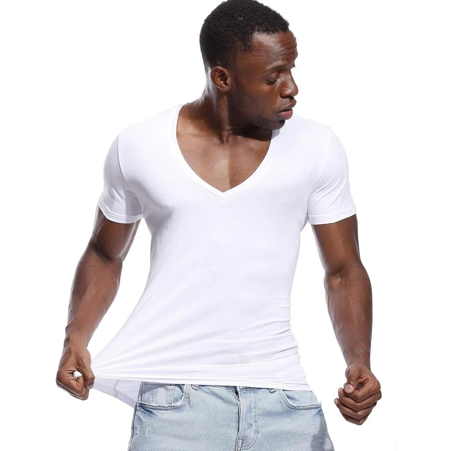Deep V Neck T-Shirt for Men - Low Cut V-Neck Tee, Invisible Undershirt, Scoop Hem TopGift