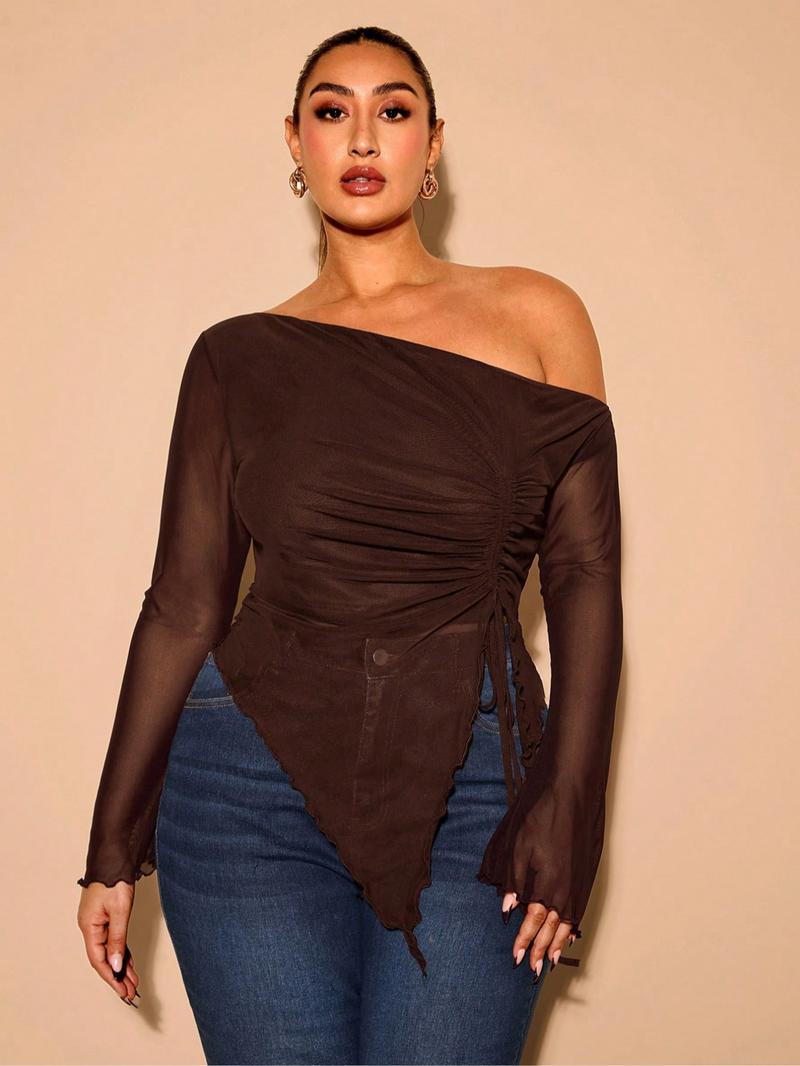 Plus Size Women's Mesh Top, Asymmetrical Shoulder Drawstring Long Sleeve Shirt, Semi-Transparent Slim Fit, Casual & Formal Wear