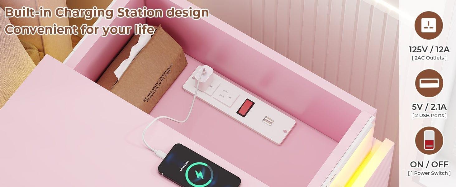 Sikaic Nightstand with LED Lights Charging Station Pink Modern Bedside Table with 3 Storage Drawers and Top Sliding Drawer
