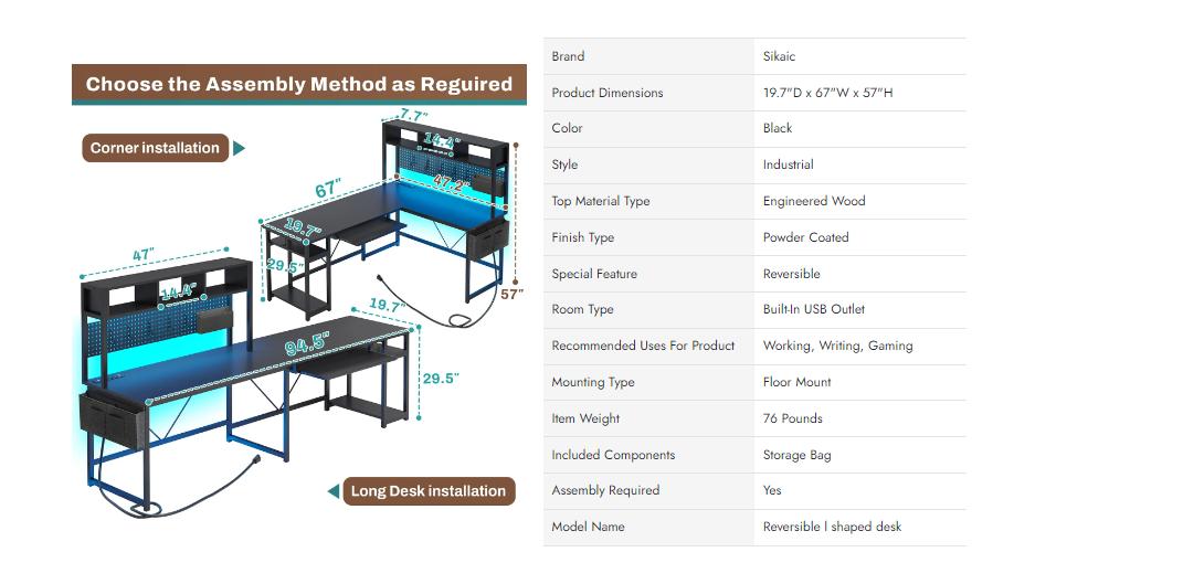 Sikaic L Shaped Reversible LED Gaming Desk with Power Outlets