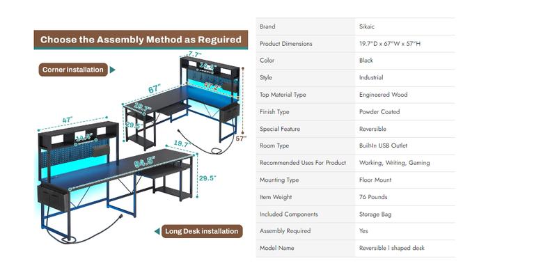 Sikaic L Shaped Reversible LED Gaming Desk with Power Outlets