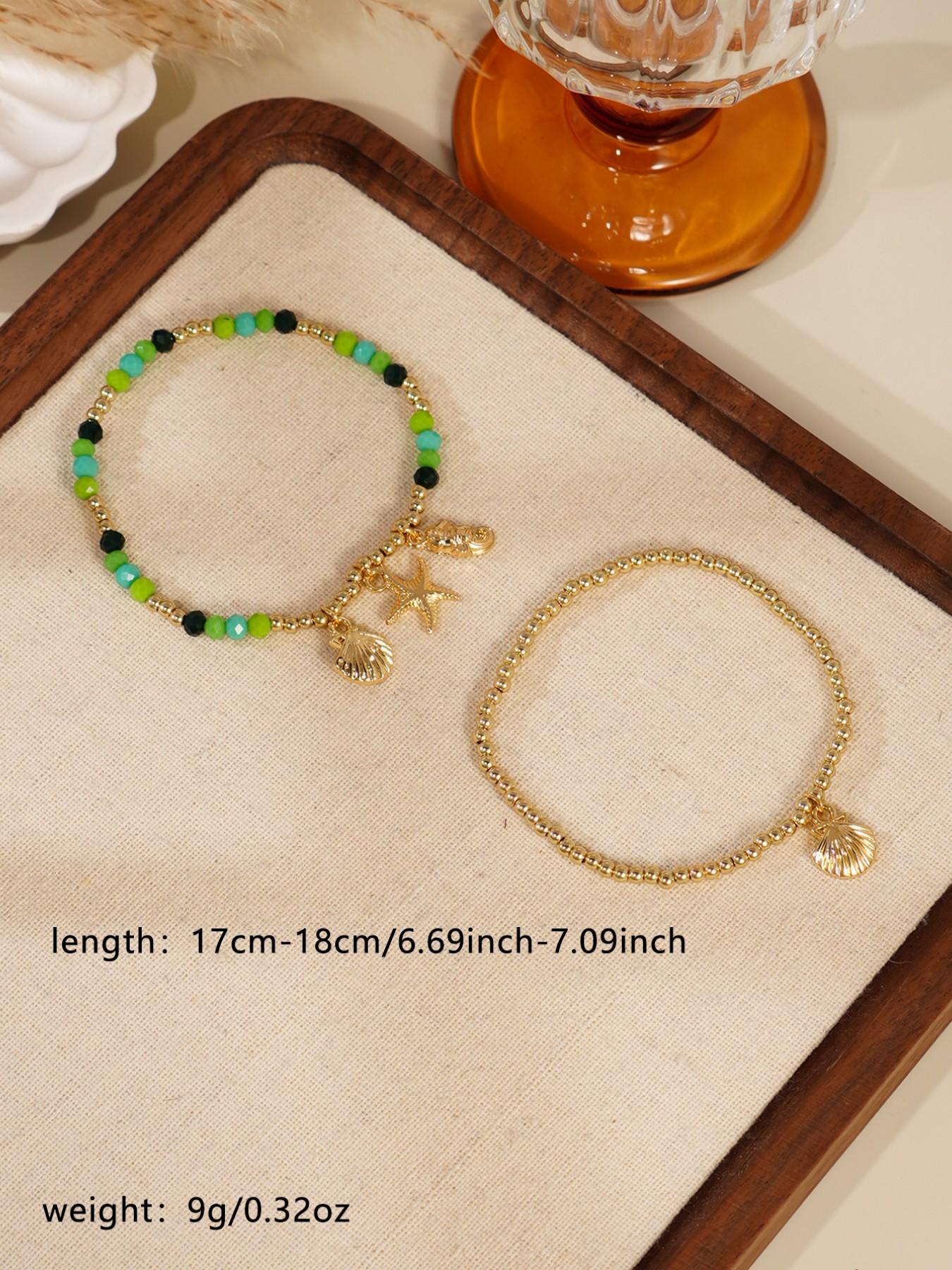 Women Boho Shell Starfish Bracelet Set, Beach Vacation Party Stackable Jewelry, Ccb Material, No Choking Hazard, Ca Prop 65 Compliant