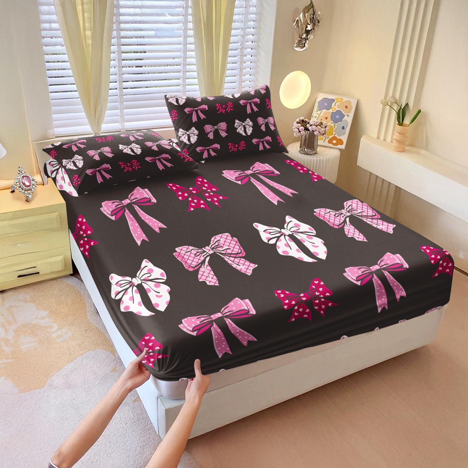 3Pcs Lovely Coquette Bow Printed Fitted Sheet Set, Sweet Y2K Style Bed Sheet Set, Soft Wrinkle-Resistant Microfiber, Vibrant Digital Print, Deep Pocket Design, Ideal for Girls Bedroom, Dorm & Guest Room All-Season Decor - No Filling