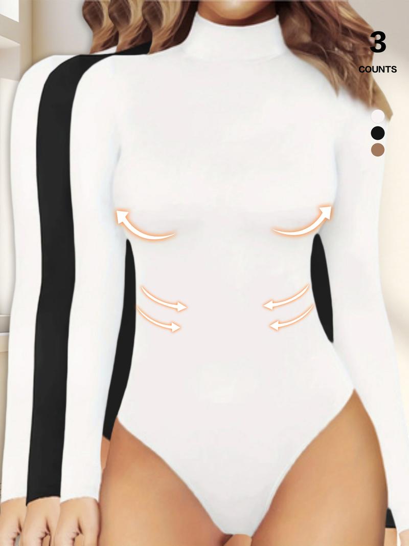 Women's Tummy Control Mock Neck Bodysuit, Long Sleeve Stretchy Slim Fit Jumpsuit, Elegant Body Shaper Top, Casual Lounge Leotard