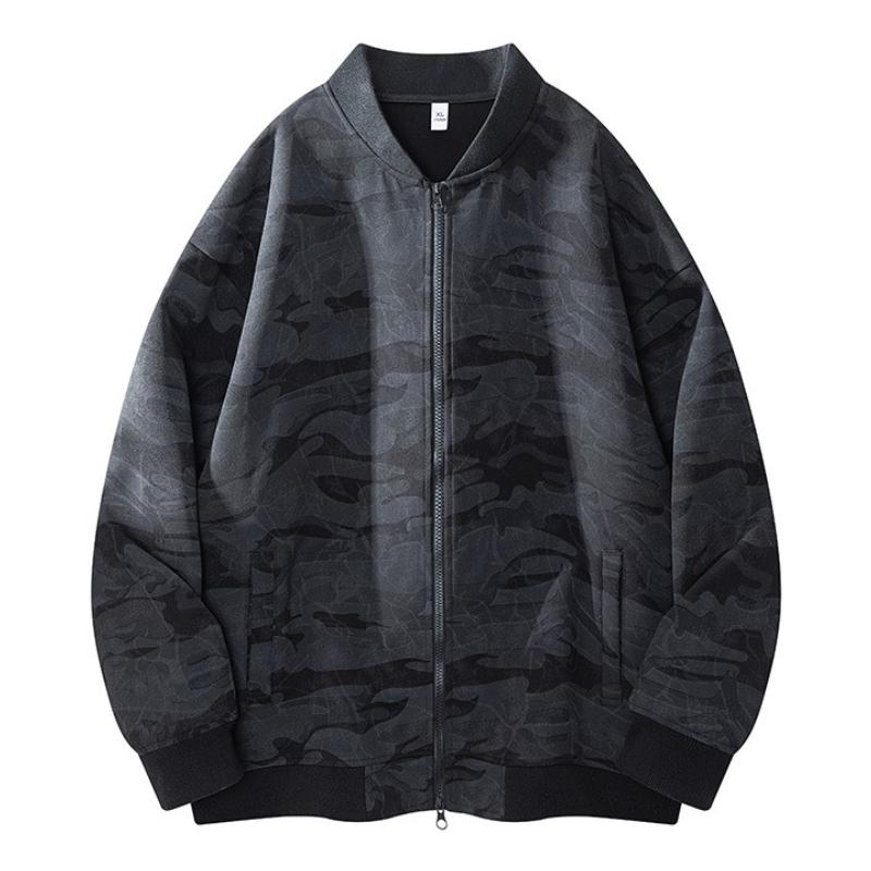 Men's Camo Black Longsleeve Zip-Up Baseball Collar Flying Jacket - Casual Street Outdoor Wear, Full-Front Zipper, Side Pockets, Loose-Fit Polyester Menswear Top for Spring, Autumn Daily Commute, Machine Washable