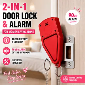 2-in-1 Portable Door Lock & Alarm for Women Living Alone, Single Women, Apartment Privacy Security, Travel Safety, 90 dB Alarm, Anti-Intrusion Door Stopper, No Tools Required