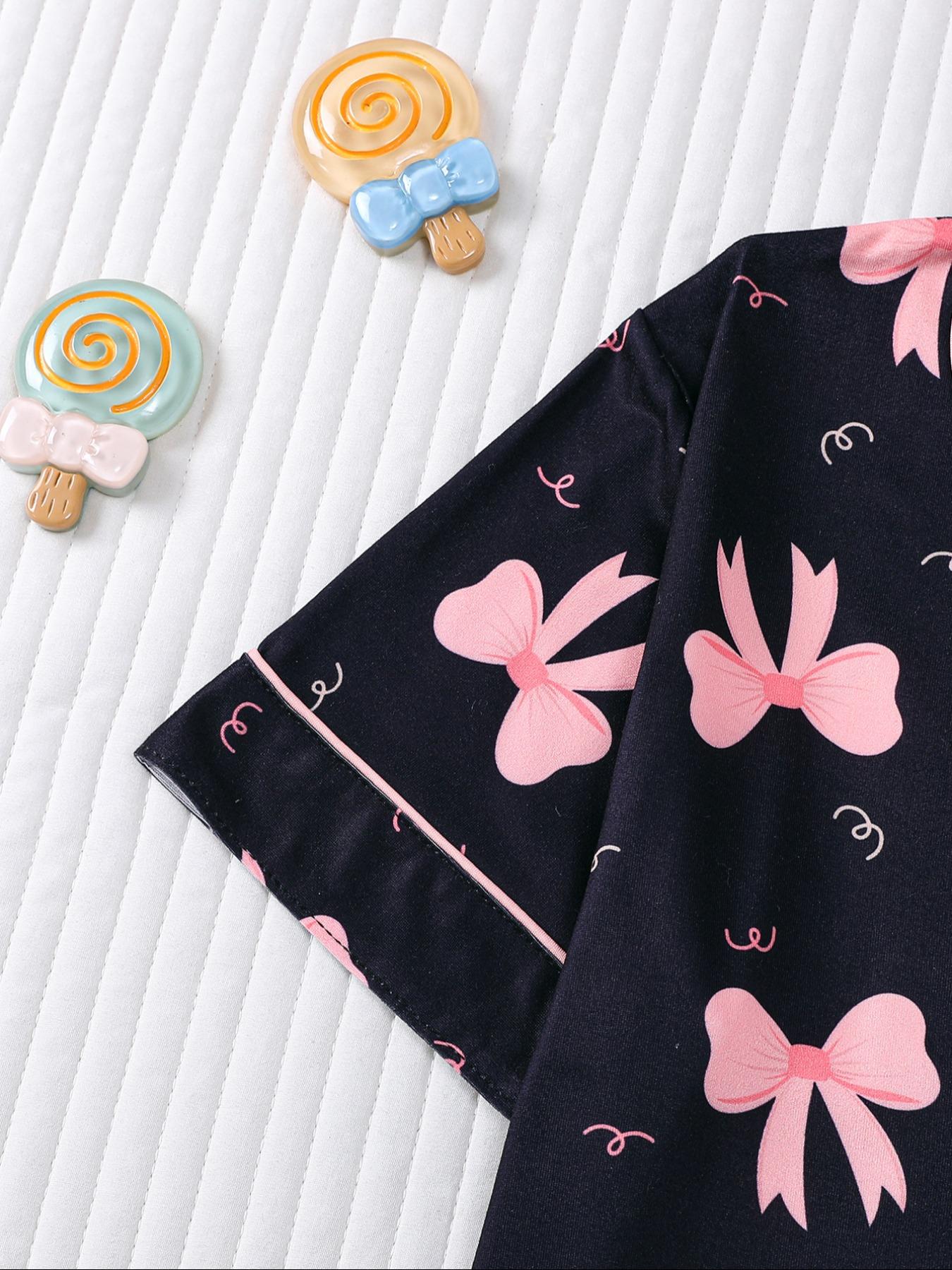 Sweet Bow Print Kids Pajama Set, Base Fitted Short Sleeve Top & Elastic Waist Shorts, Casual Home Wear for Girls, Pajama Sleepwear