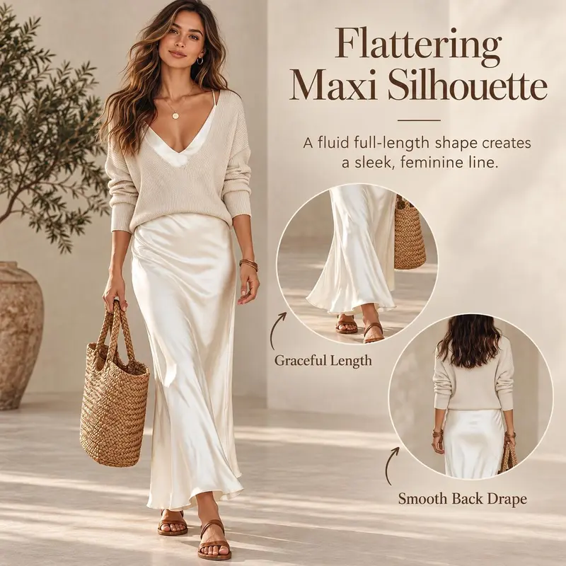 Create an effortlessly elegant look with this women’s 2 piece sweater dress set, featuring a soft V-neck knit pullover and a silky satin slip maxi dress.The relaxed sweater adds cozy texture and easy layering, while the smooth satin dress drapes beautifu