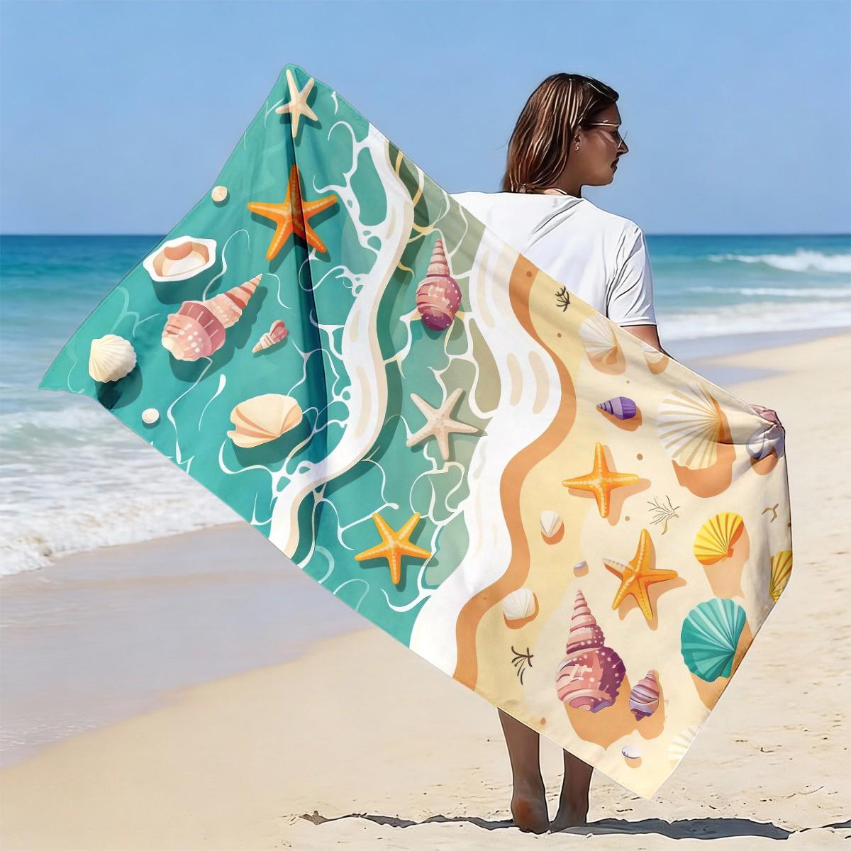 Ocean Shell Starfish Beach Towel, Quick-Dry Super Soft Polyester, Multi-Use Yoga Travel Swim Camping, Large Size, Best Gift