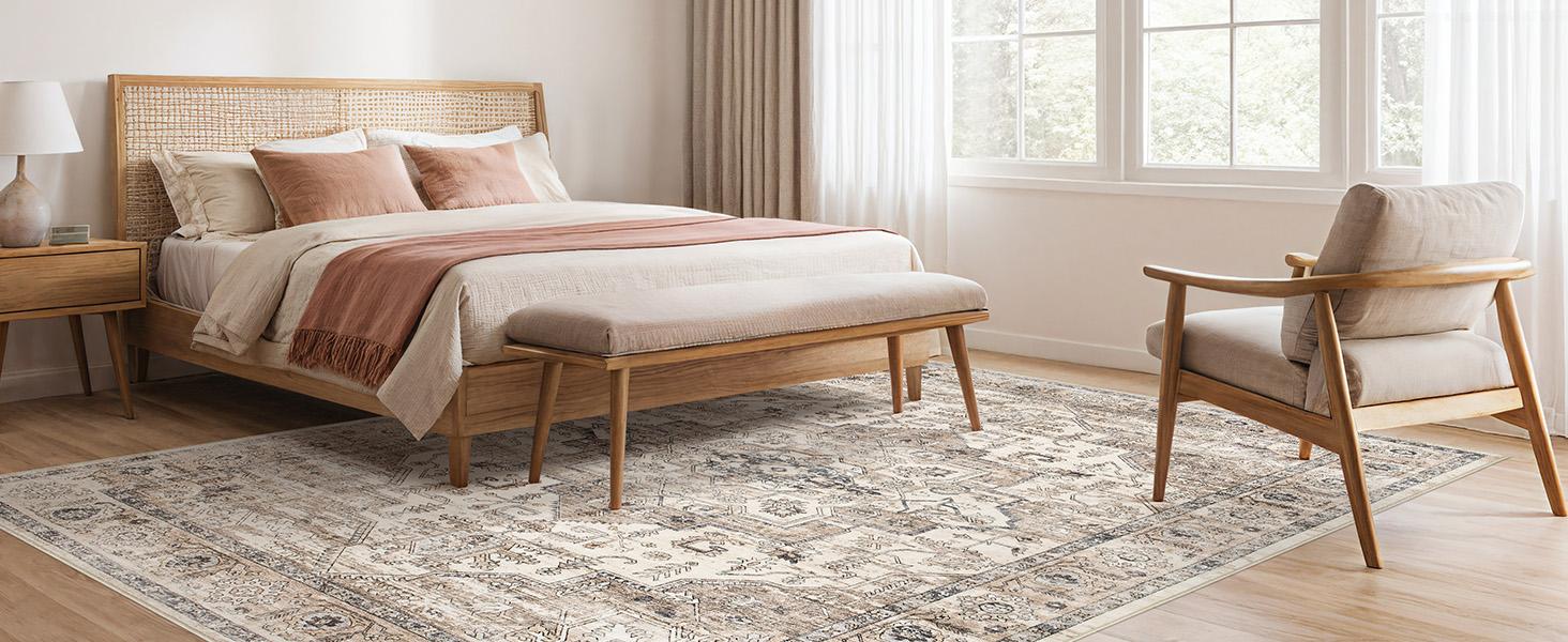 Area Rug 5x7 Washable Vintage - Soft Rugs for Living Room Large Non Slip Backing with Low Pile Farmhouse Oriental Retro Carpet for Bedroom Dining Room or Home Office - Tea Brown