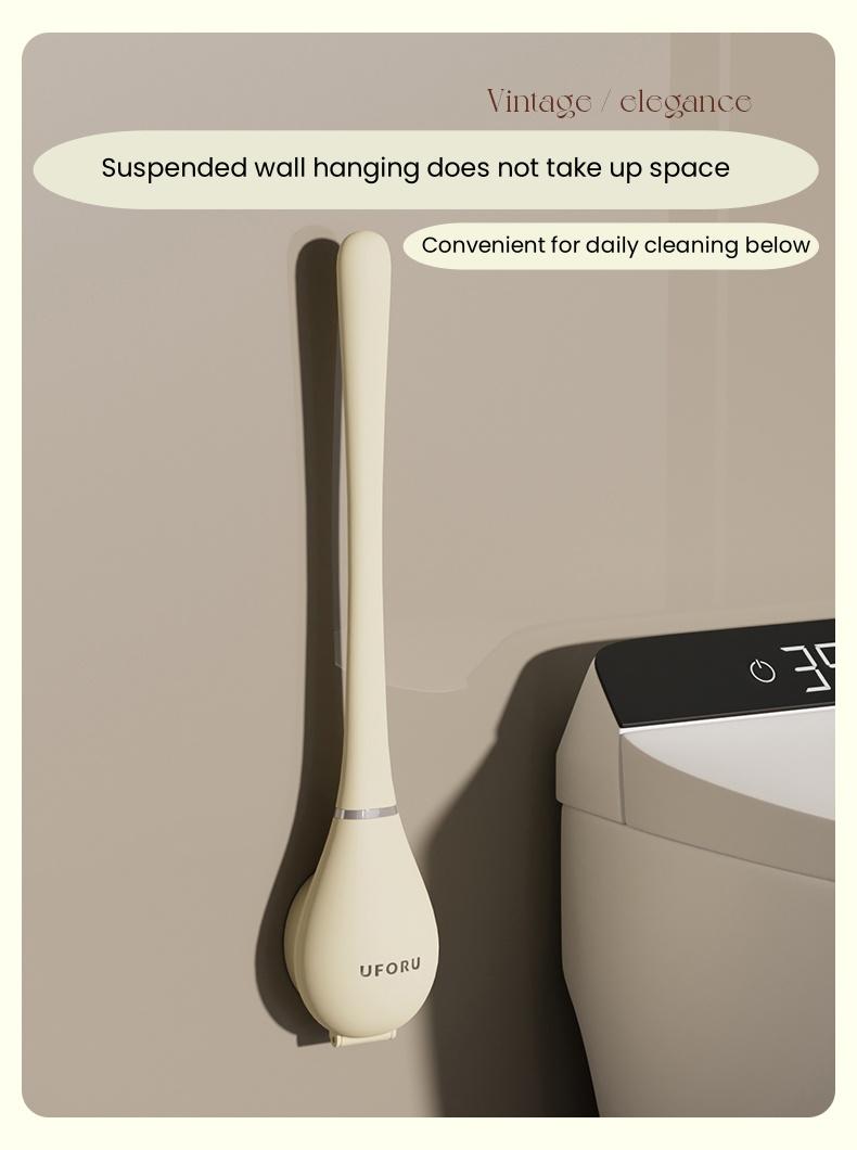 UFORU Wall Mounted Silicone Toilet Brush & Holder Set - Long Handle Flat Tip for Easy Corner Cleaning - Space Saving Bathroom Accessory - Restroom