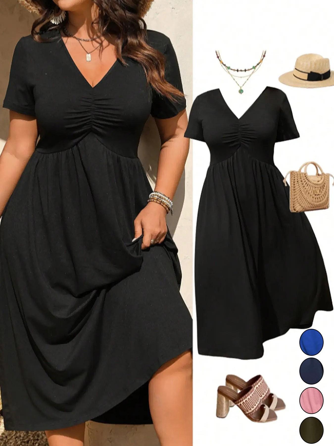 Plus Size V-Neck Ruched Fitted Bra Top Short Sleeve Midi Dress, Casual Summer Flowy A-Line Skirt, Women's Fashion Clothing