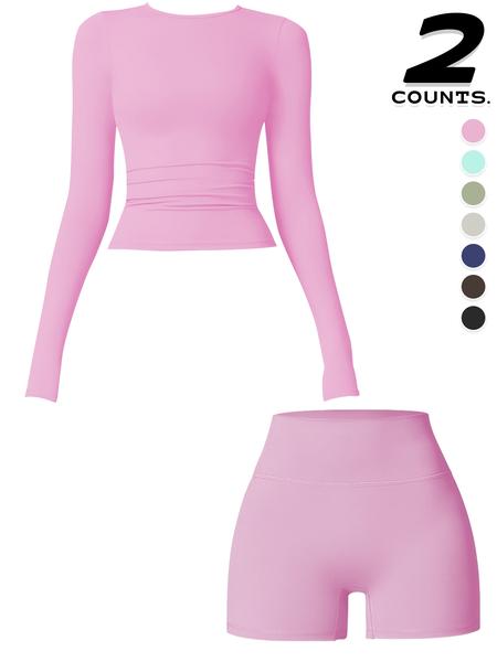 Women's Sporty Long Sleeve Top & Shorts Set, High Waist Tight-Fit Above Knee Activewear, Sweat-Wicking Quick-Dry Fabric for All Seasons, Solid Sports Sets