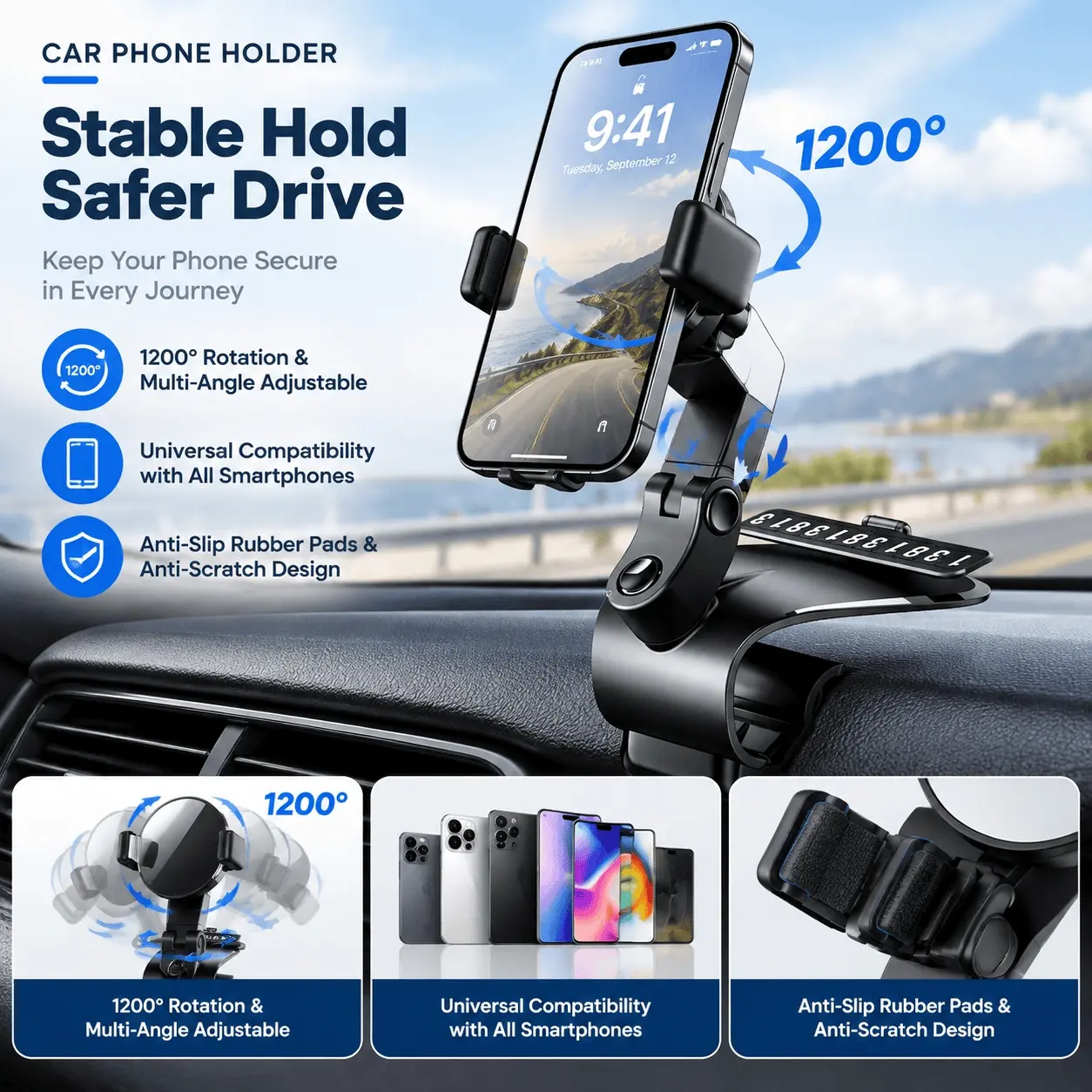 1 Piece Adjustable Vehicle Phone Holder, Cellphone Holder for Car, Designed for in-car Phone Mounting, Air Vent Mounting