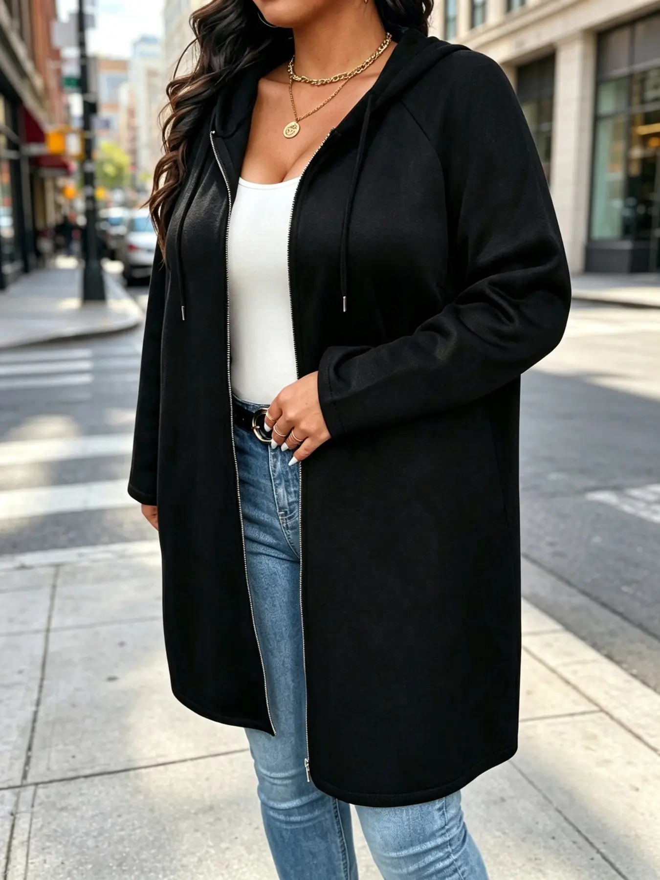 Plus Size Mid-Length Hooded Jacket, Casual Lazy Style, Zipper Loose Fit Slimming Sweatshirt Cardigan, Fall Winter for Plus Women Outerwear
