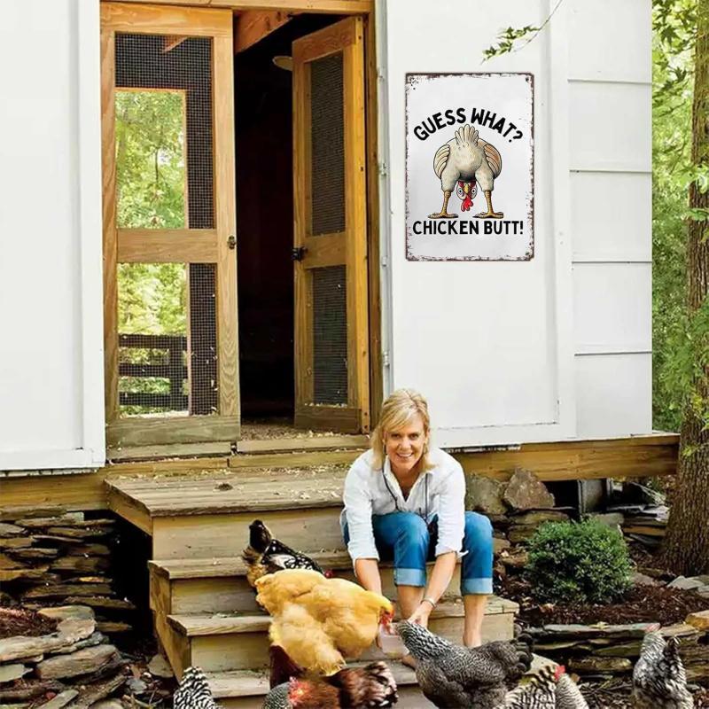 Funny Chicken Coop Metal Sign - "Guess What? Chicken Butt" Poster Mural - Suitable for Farmhouse, Outdoor Courtyard Decoration, and Home Decoration