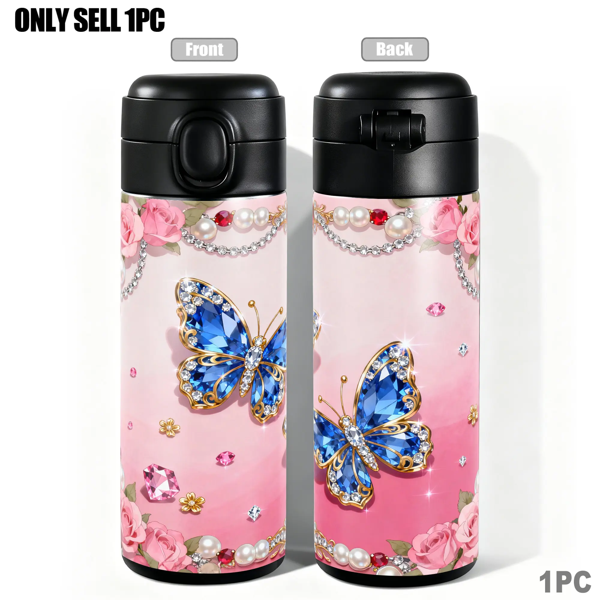 1pc, 40oz/30oz/20oz/14oz Stainless Steel Cup Insulated Water Cup Blue Gem Butterfly & Rose Adorned Double Wall Vacuum Insulated Cup, Leakproof Lid & Carry Handle Travel Mug Insulated Tumbler for Outdoor Camping Hiking, Gift for Dad
