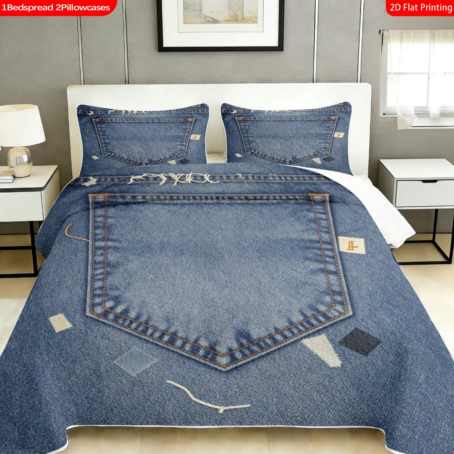 3 pcs, 2D flat print Denim Patchwork bed cover set, Jeans-inspired theme, multiple sizes available, bedding set, festive decorative bedding, ideal for bedroom decor(1 bedspread , 2 pillowcases)