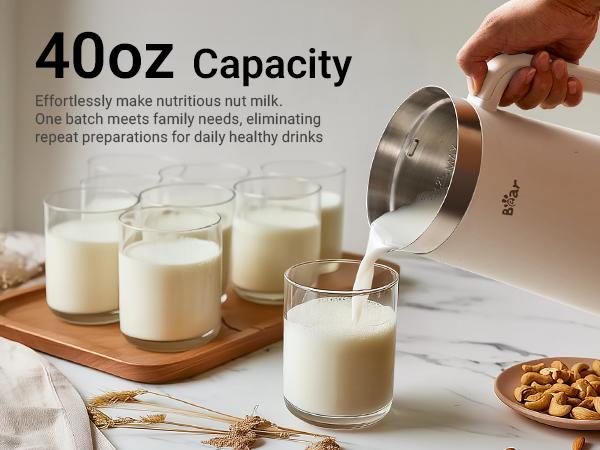 Bear 8 in 1 Nut Milk Maker Machine, 40oz/1.2L Soy Milk Maker with Self Clean/12H Delay/6H Keep Warm, One Touch Alomnd Milk Maker for Homemade Oat, Soup, Juice, Plant Based and Non Dairy Beverages
