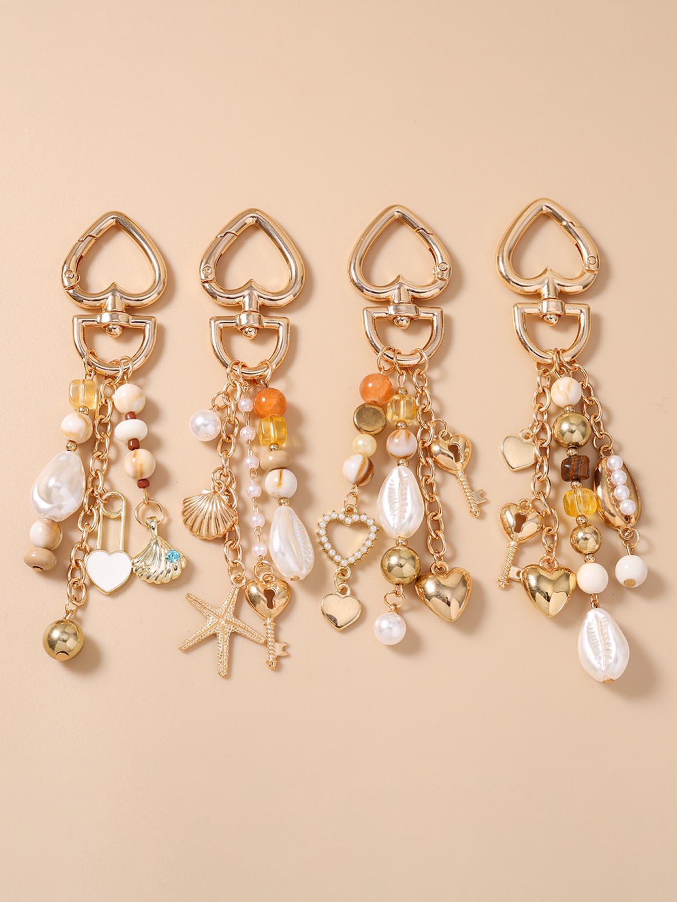 Boho Pearl Shell Keychain, Baroque Heart Key Ring, Starfish Ocean Theme, Boho Bag Charm, Unique Fashion Accessory