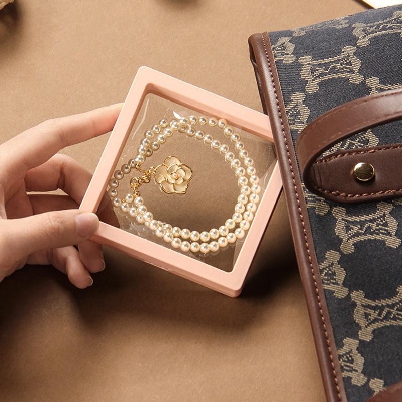3D Floating Display Box, Dustproof Jewelry Packaging, Transparent Hanging Storage Box for Storing Necklaces, Bracelets, Rings, Coins, Earrings, and Pins, with Elastic Film, Gift Box for Retail and Personal Use.