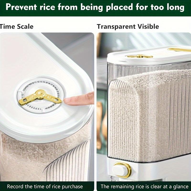 11.02LB/22.05LB rice dispenser, rice bucket，large dry food storage container with measuring cup and time scale, food dispenser for kitchen organizations and pantries, containing dry grains Dustproof Stackable Durable Plastic Multi Compartment Design