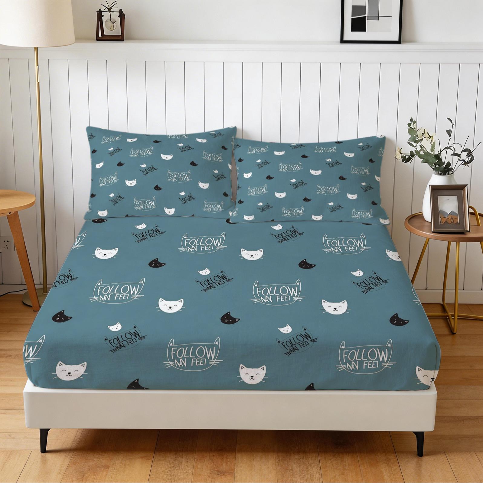 3 Piece Cute Cartoon Cat Fitted Sheet Set, 1 Fitted Sheet + 2 Pillowcases, Soft Skin-Friendly Kawaii Cat Meow Print Bedding, Ideal Gift for Cat Lovers Women Girls Teens Kids