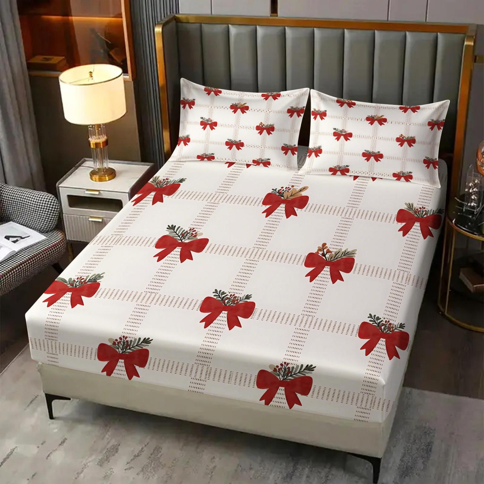 3Pcs Cute Bow Knot Fitted Sheet Set, Fresh Pastel Ribbon Deep Pocket Bed Sheet, Sweet Gift for Girls & Women for Bedroom