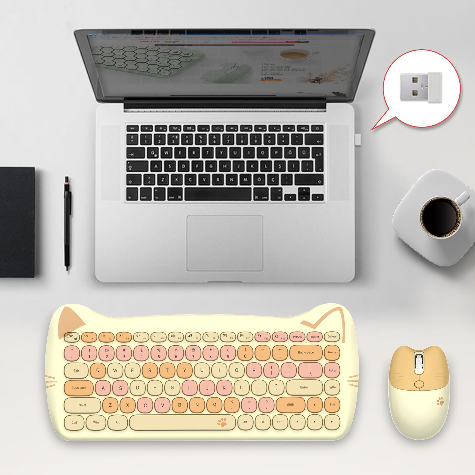 MOFii 1 Set Pink Cat Ear Wireless Keyboard and Mouse Combo, Cute Silent Office Keyboard Mouse, Universal for Laptop Desktop, US QWERTY (Battery Not Included)