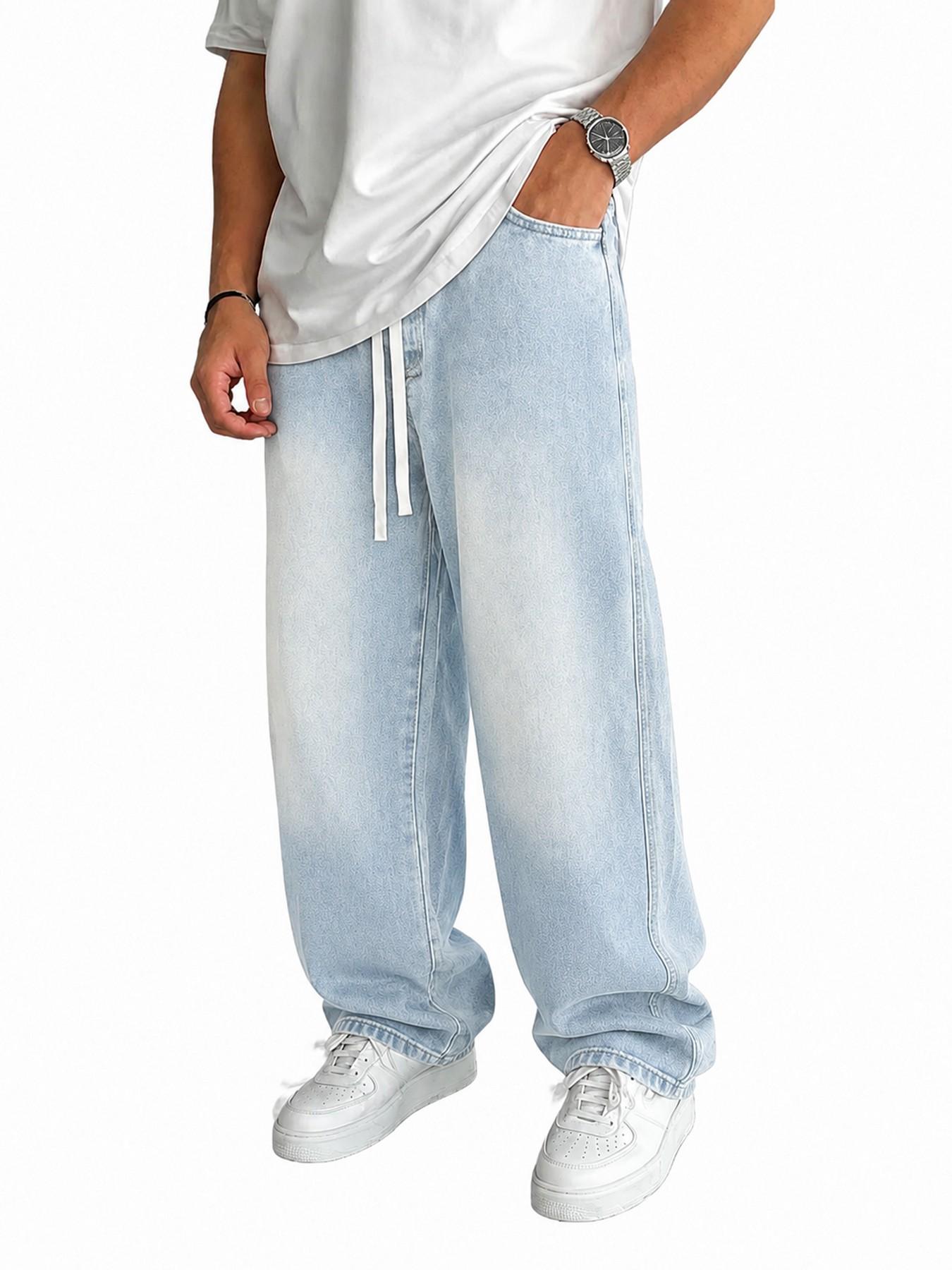Men’s Charcoal Gray Washed Jacquard Jeans with Drawstring Waist, Baggy Wide Leg Casual Streetwear Denim Pants