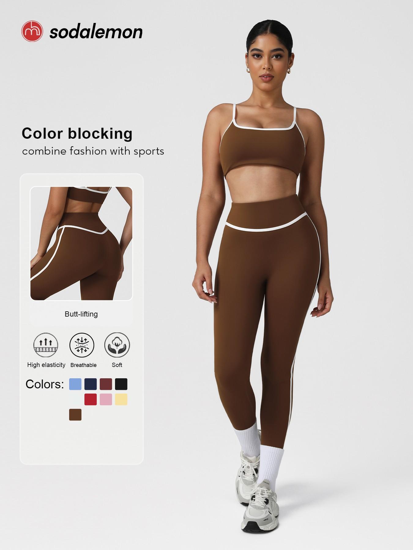 Women's Contrast Binding Crop Cami Top & High-Waist Leggings Set, Casual Sleeveless Top & Skinny Pants Two-Piece Yoga Outfits, Ladies Sportswear Workout Running Clothes for Indoor & Outdoor Wear