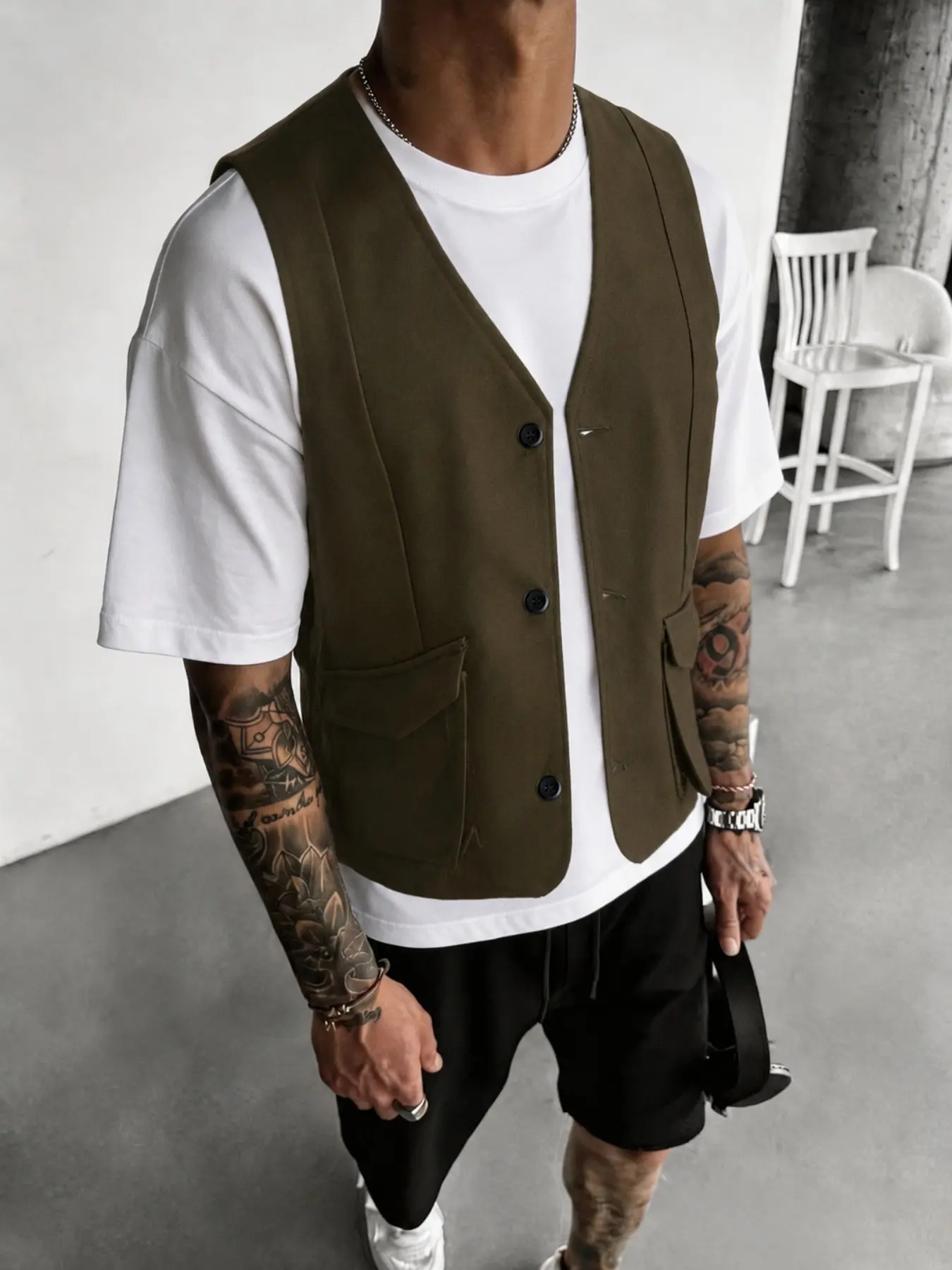 Men's Casual V-Neck Suit Vest, Slim Fit Sleeveless Backless Top, Pure Basic Style, Lock Edge Sewing, Single Button + Side Pocket Design