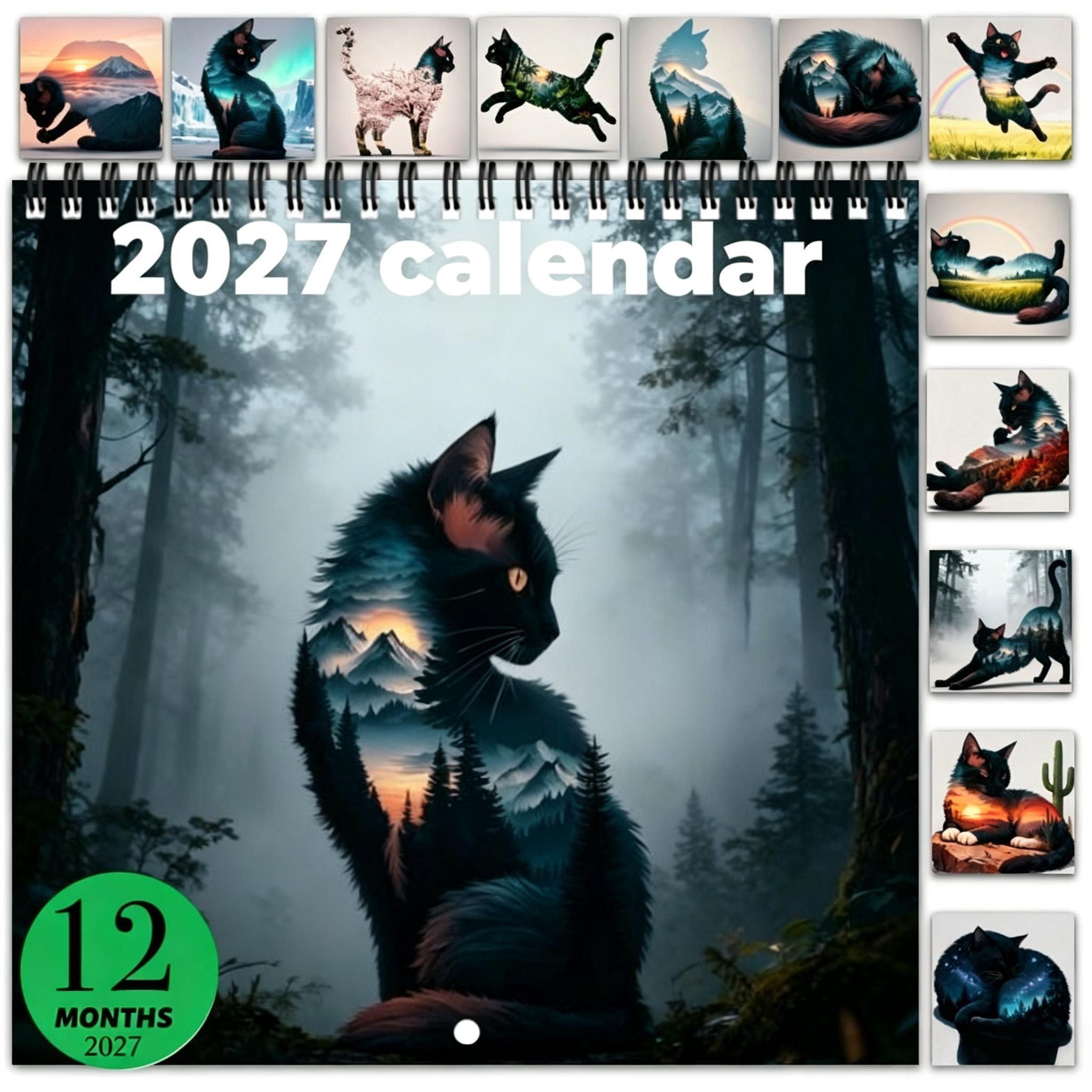 12-month thick laminated wall calendar, spiral bound with double-sided printing. 1 copy of the 2027 cat-themed planner calendar, cute and fun cat aesthetic, perfect for home or office, a great gift for Christmas and New Year.