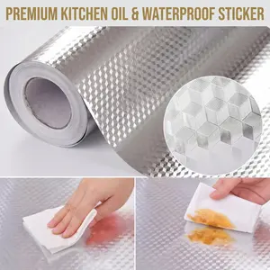 Kitchen Wallpaper Oil Proof Sticker Aluminum Foil Backsplash Self-Adhesive Contact Paper Cabinet Liner Waterproof Heat Resistant Peel Stick Wallpaper 15.7X118 Inches Cube Texture Silver Non-Woven-YY1