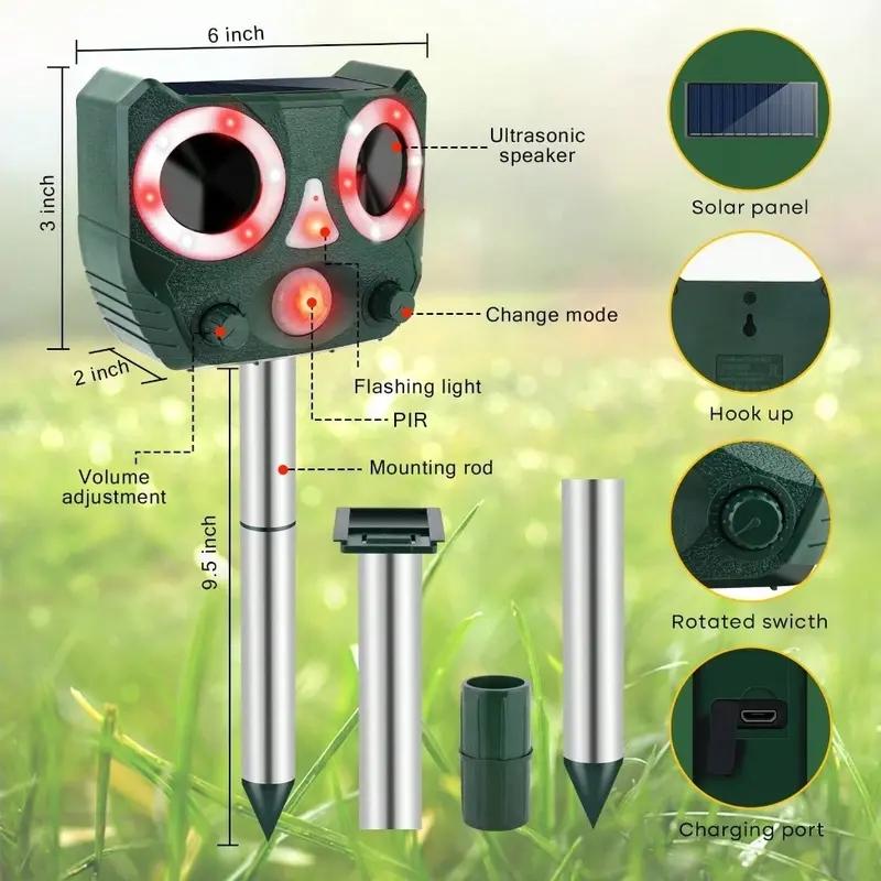 Solar-Powered Ultrasonic Animal Repeller, Rechargeable Motion Activated Outdoor Bird Deterrent, Protects From Deer Squirrels Cats Raccoons Birds