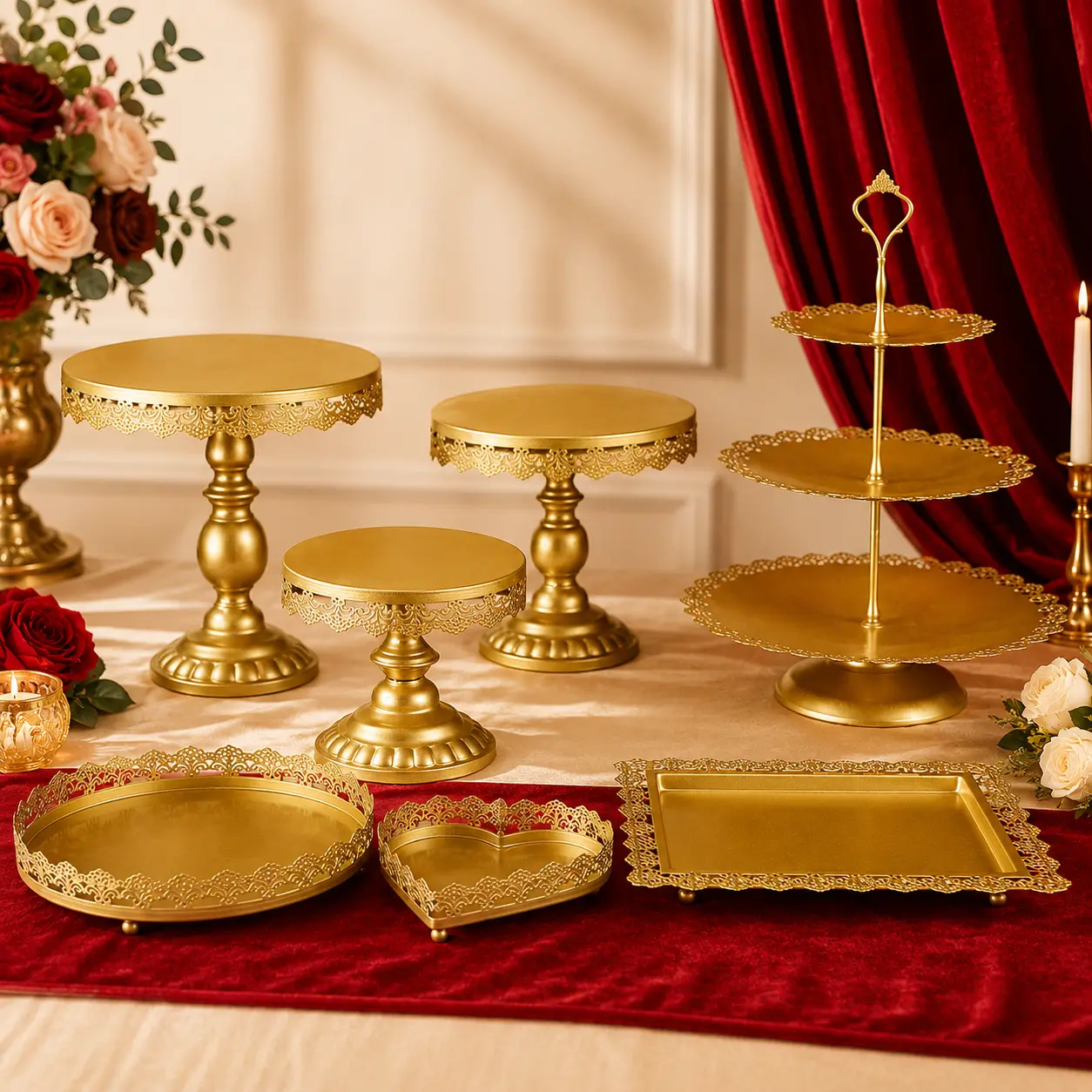 7-Piece Gold Metal Cake Stand & Dessert Display Set, Vintage Pedestal Cake Stands with 3-Tier Serving Stand and Decorative Trays for Wedding, Birthday, Baby Shower, Tea Party, Cupcake, Pastry, Fruit, Dessert Table & Party Decor