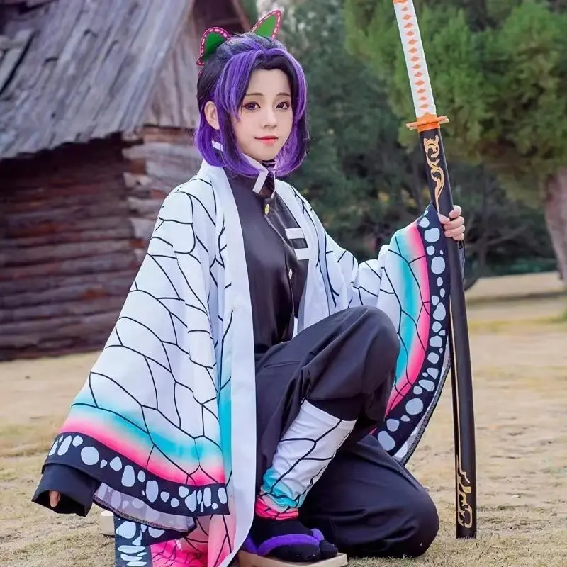 Women's Demon Slayer Kochou Kanae Cosplay Costume Set - Polyester Loose-Fitting Long-Sleeve Butterfly Print Kimono with Wig, Accessories for Halloween, Party