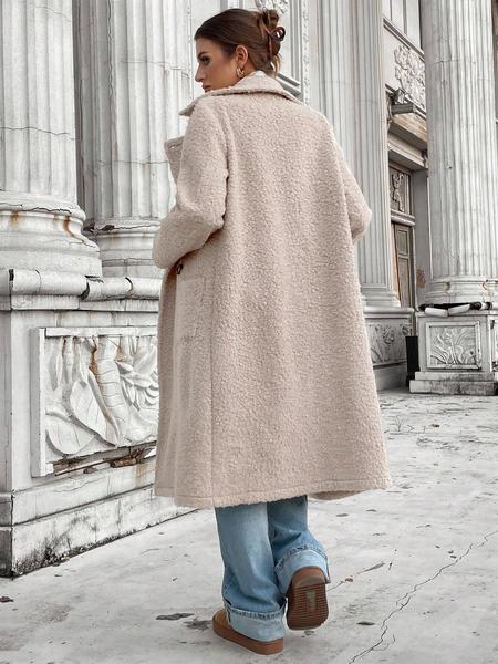 Women's Winter Korean Plush Long Coat, Loose Fit Double Button Overcoat, Warm Casual Outerwear for Fall & Winter Seasons