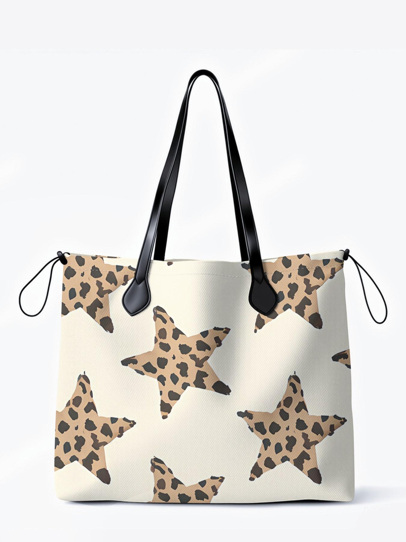 Leopard Print 2D Star Pattern Drawstring Tote Bag, Large Capacity Durable Shopping Bag for Work, Shopping and Picnics