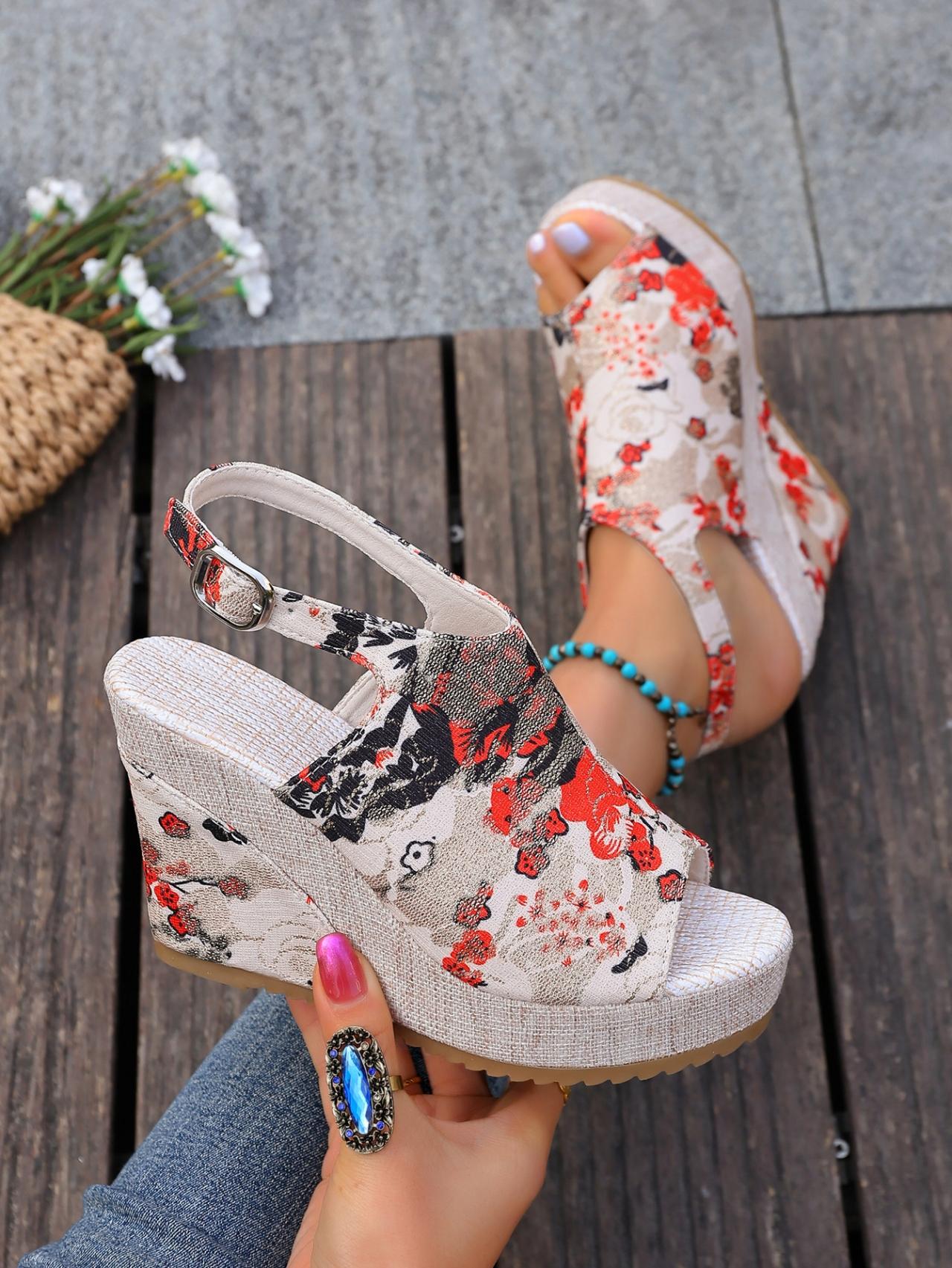 Women's Chinese Style Plum Blossom Printed Wedge Sandals, Summer Retro Platform Elevated Buckle Open-Toe Vacation Roman Shoes
