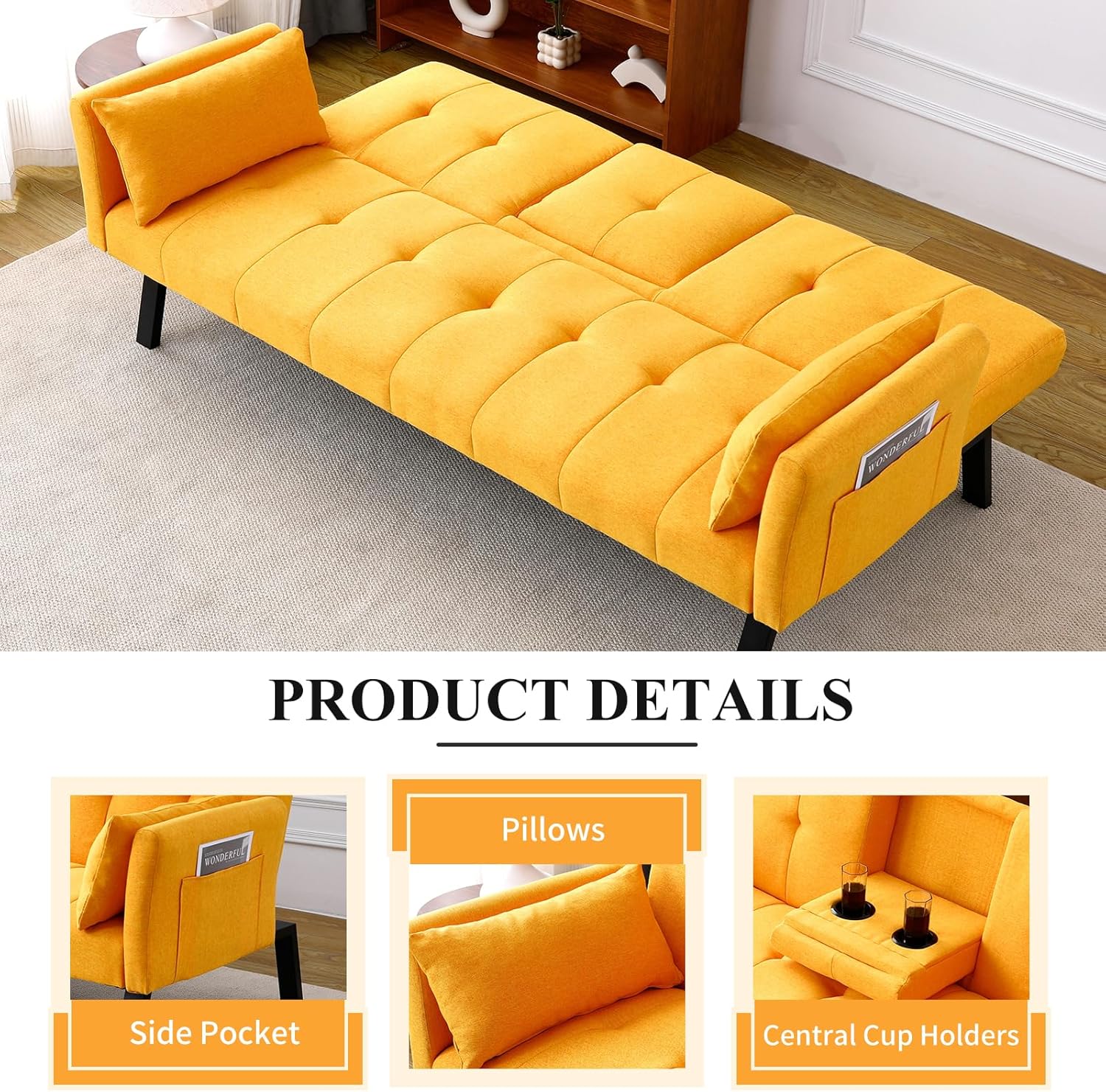 3 in 1 Futon Sofa Bed, Linen Fabric Couch Bed with Side Pocket, Convertible Sleeper Sofa with Dual Cup Holders & 2 Pillows, Adjustable Recliner Sofa for Living Room (Yellow)