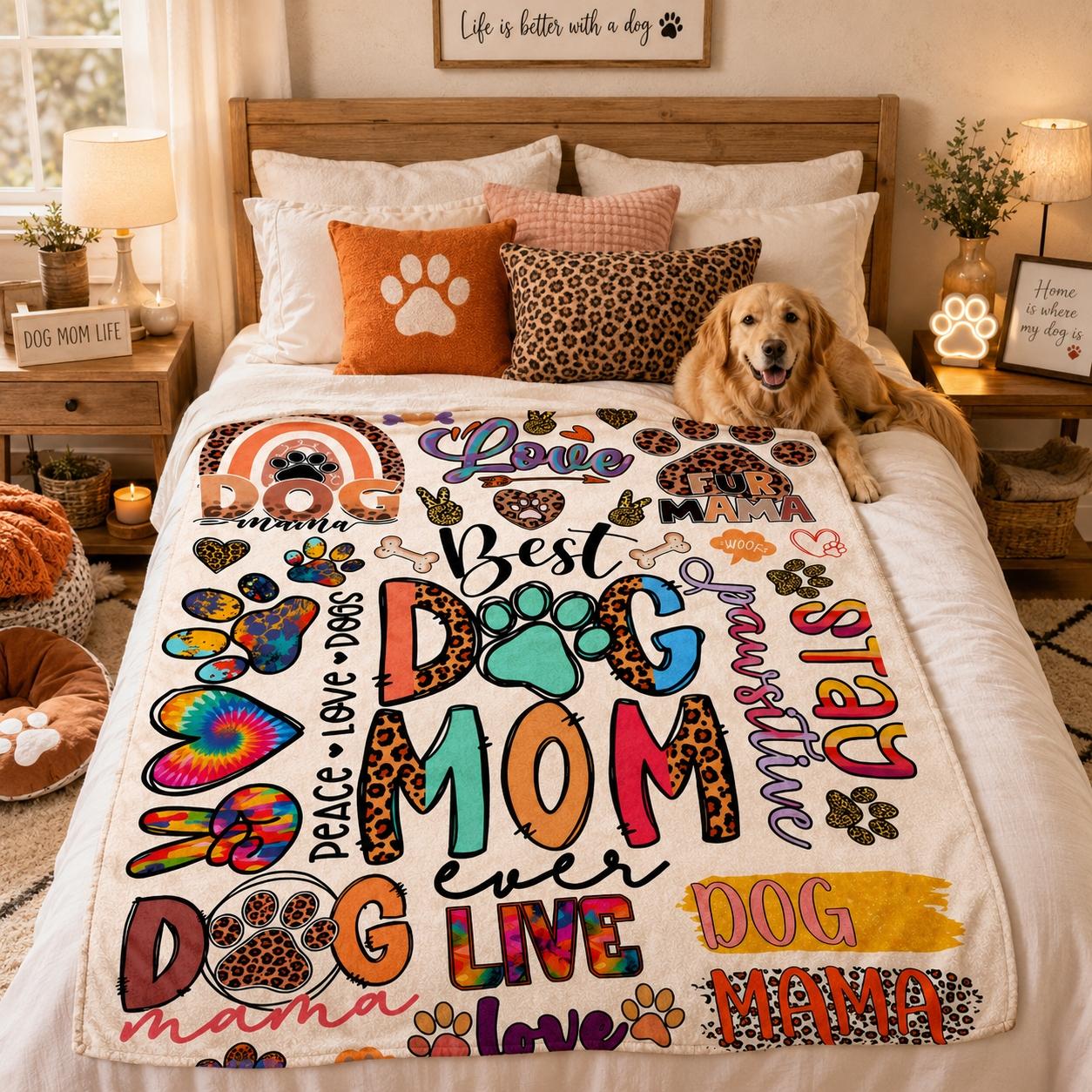 Dog Mom Flannel Blanket with Colorful Paw Prints, Soft Cozy Warm Fleece Throw, Graphic Throw Blanket, Cute Pet Lover Gift for Dog Moms and Animal Lovers, Soft Blankets